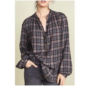 FREE PEOPLE Northern Bound Plaid Flannel Pullover Shirt in Onyx, Size Large